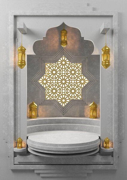 Islamic product display mock up. Podium, crescent moon, lantern, gift box. Ramadan, Islamic New Year. 3D rendering. — Stock Image Islamic Product Display Mock Podium Crescent Moon Lantern Gift Box Royalty Free Stock Photos