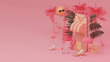 Yaz arkaplanlı 3D podyum palmiye yaprakları.