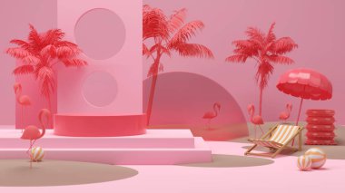 Yaz arkaplanlı 3D podyum palmiye yaprakları.