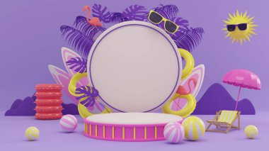 Yaz arkaplanlı 3D podyum palmiye yaprakları.