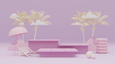 Yaz arkaplanlı 3D podyum palmiye yaprakları.