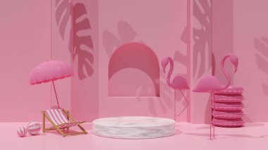 Yaz arkaplanlı 3D podyum palmiye yaprakları.