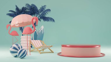 Yaz arkaplanlı 3D podyum palmiye yaprakları.