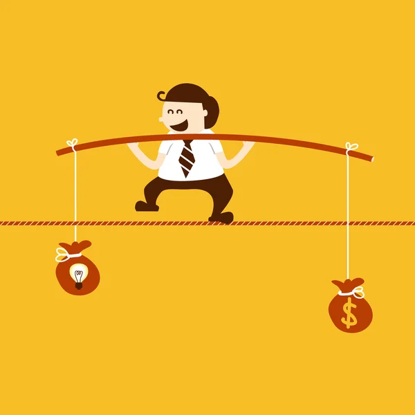 Business man balancing on the rope with idea and money — Stock Vector