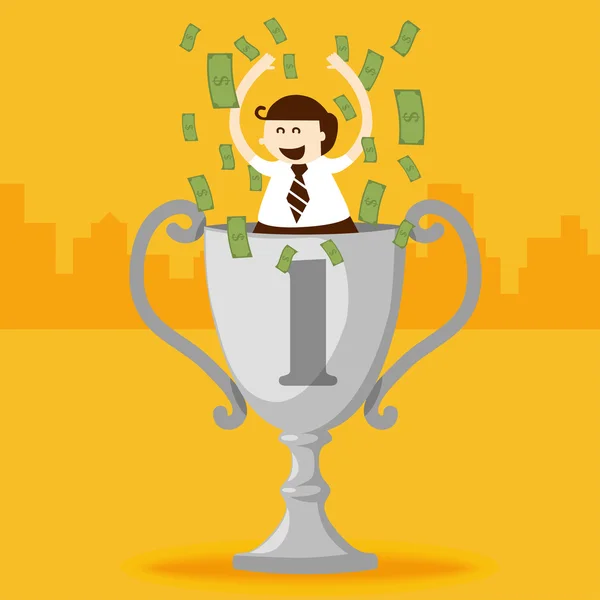 Business man stand in trophy cup with dollar notes — Stock Vector