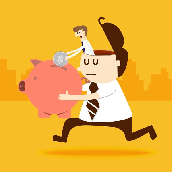 Business man in a man put coin into piggy bank — Stock Vector