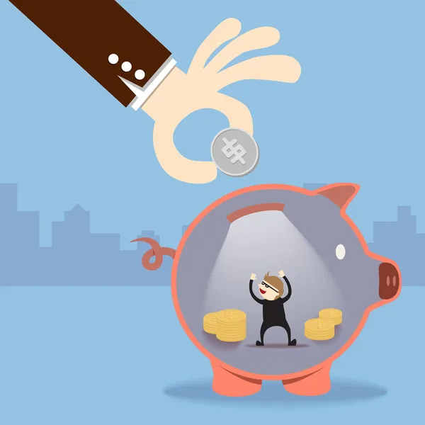 A thief steal money inside piggy bank — Stock Vector