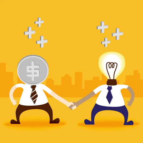 Money and light bulb man shake hand — Stock Vector