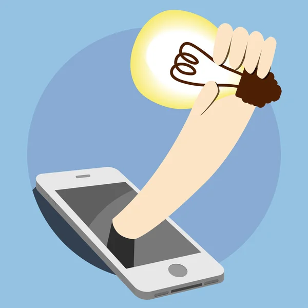 Hand houden gloeilamp idee uit weergave van mobiele telefoon — Stockvector