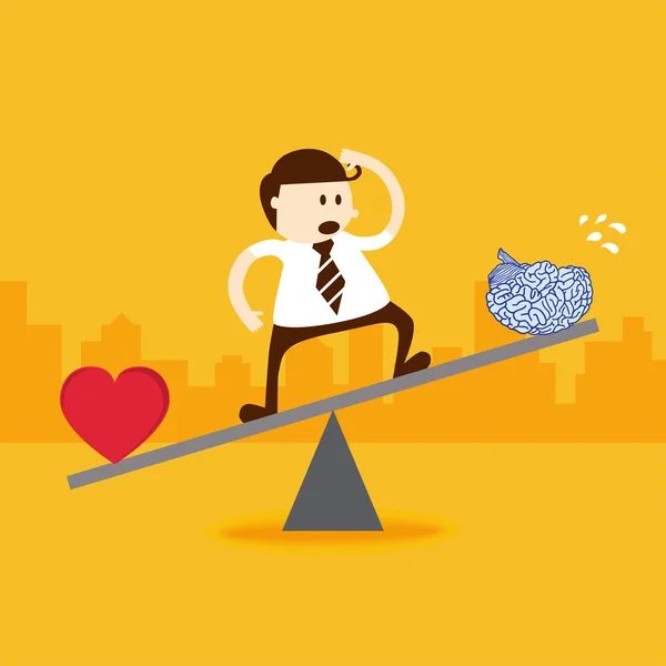 Uomo d'affari in piedi su altalena bilanciamento con il cuore e il cervello — Vettoriale Stock