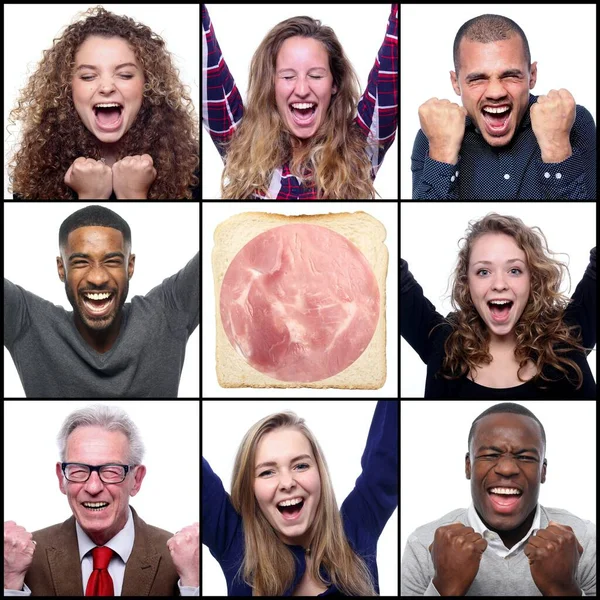 Fröhliche Menschen umgeben von gesundem Essen — Stockfoto