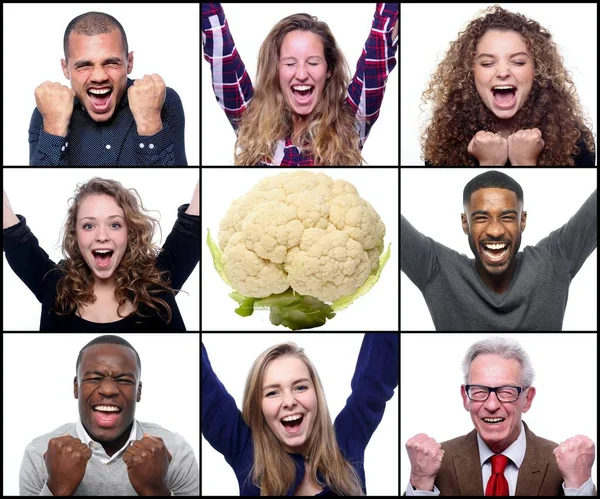 Pessoas alegres rodeadas de comida saudável — Fotografia de Stock
