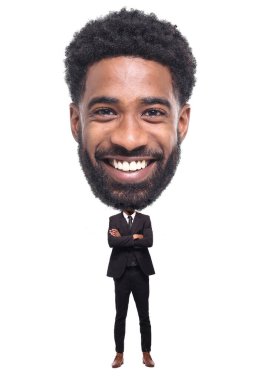 Beyaz arka planda güzel bir adam ve büyük bir kafası var.