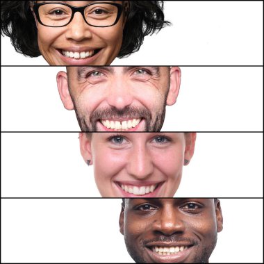 Güzel, mutlu bir grup insan beyaz bir arkaplan önünde kolaj yapıyor.