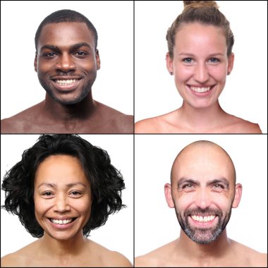 Güzel, mutlu bir grup insan beyaz bir arkaplan önünde kolaj yapıyor.