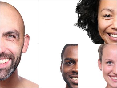 Güzel, mutlu bir grup insan beyaz bir arkaplan önünde kolaj yapıyor.