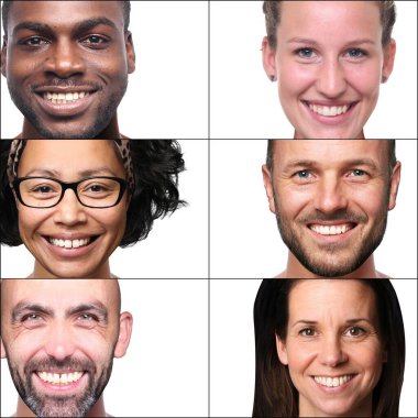 Güzel, mutlu bir grup insan beyaz bir arkaplan önünde kolaj yapıyor.