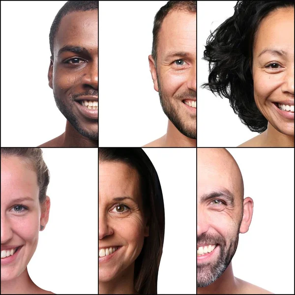 Güzel, mutlu bir grup insan beyaz bir arkaplan önünde kolaj yapıyor.