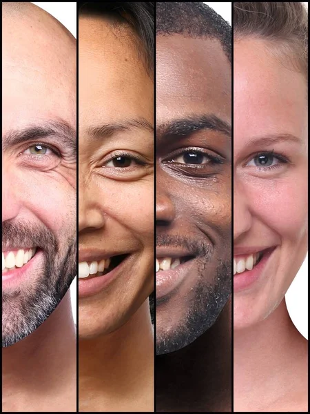 Ομάδα όμορφων ευτυχισμένων ανθρώπων σε ένα κολάζ μπροστά από ένα λευκό φόντο — Φωτογραφία Αρχείου