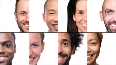 Güzel, mutlu bir grup insan beyaz bir arkaplan önünde kolaj yapıyor.