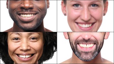 Güzel, mutlu bir grup insan beyaz bir arkaplan önünde kolaj yapıyor.