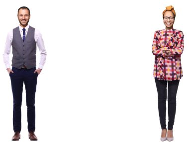 Beyaz arka planda güzel bir kadın ve erkek.