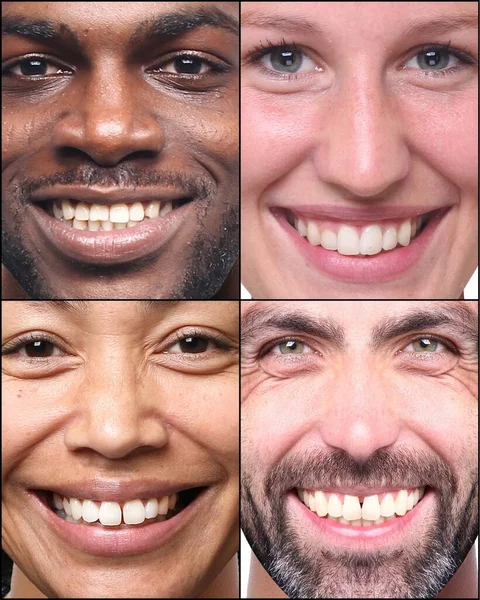 一群漂亮的快乐的人在一个白种人的背景前拼凑在一起 — 图库照片