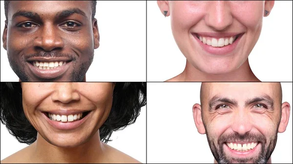 Grupo de pessoas felizes bonitas em uma colagem na frente de um fundo branco — Fotografia de Stock