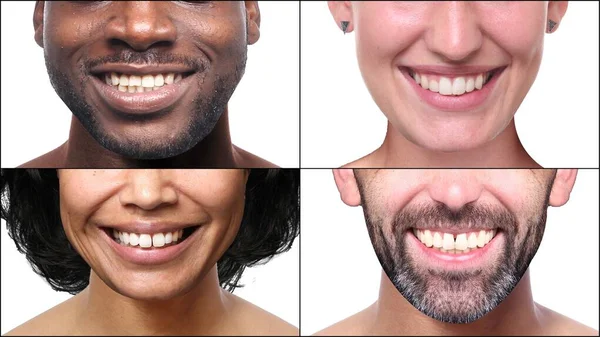 Grupo de pessoas felizes bonitas em uma colagem na frente de um fundo branco — Fotografia de Stock