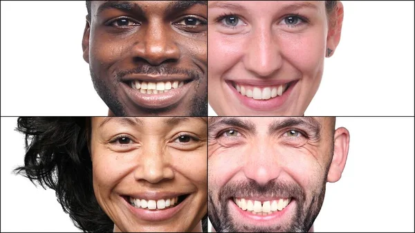 Güzel, mutlu bir grup insan beyaz bir arkaplan önünde kolaj yapıyor.