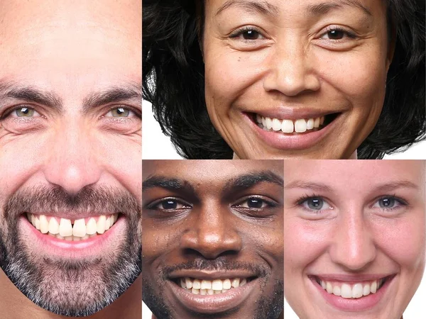 Grupp av vackra glada människor i ett collage framför en vit bakgrund — Stockfoto