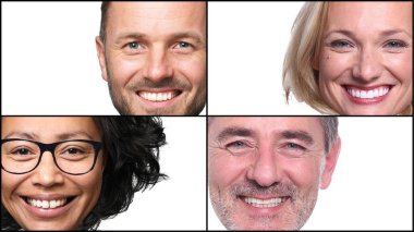 Güzel, mutlu bir grup insan beyaz bir arkaplan önünde kolaj yapıyor.