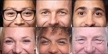 Güzel, mutlu bir grup insan beyaz bir arkaplan önünde kolaj yapıyor.