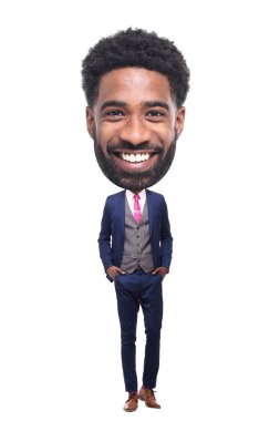 Beyaz arka planda güzel bir adam ve büyük bir kafası var.