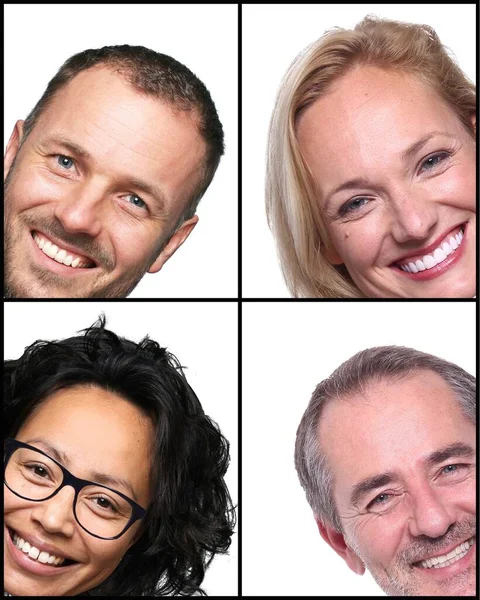 Grupo de hermosas personas felices en un collage frente a un fondo blanco — Foto de Stock