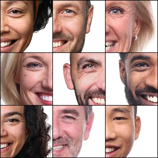 Egy csoport gyönyörű boldog ember egy kollázs előtt egy fehér háttér — Stock Fotó