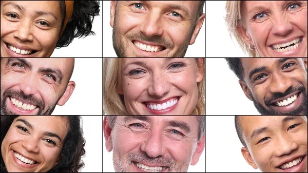 Güzel, mutlu bir grup insan beyaz bir arkaplan önünde kolaj yapıyor.