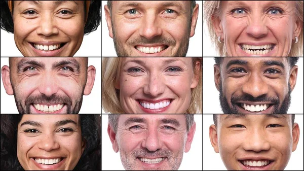 Grupo de hermosas personas felices en un collage frente a un fondo blanco — Foto de Stock