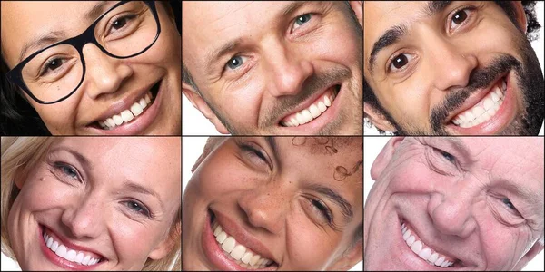 Grupo de pessoas felizes bonitas em uma colagem na frente de um fundo branco — Fotografia de Stock