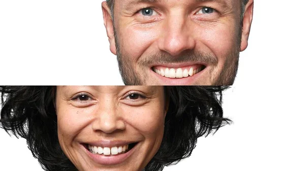 Grupo de hermosas personas felices en un collage frente a un fondo blanco — Foto de Stock