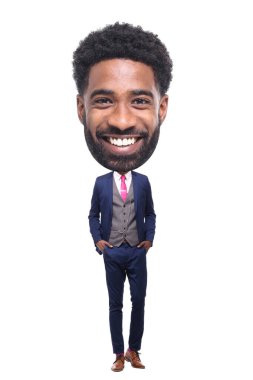 Beyaz arka planda güzel bir adam ve büyük bir kafası var.