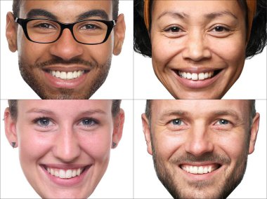 Güzel, mutlu bir grup insan beyaz bir arkaplan önünde kolaj yapıyor.