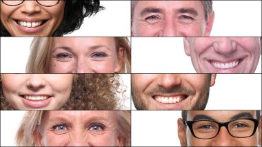 Güzel, mutlu bir grup insan beyaz bir arkaplan önünde kolaj yapıyor.