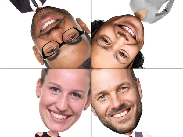 Grupo de pessoas felizes bonitas em uma colagem na frente de um fundo branco — Fotografia de Stock