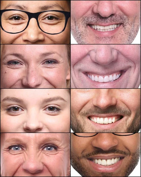 Grupp av vackra glada människor i ett collage framför en vit bakgrund — Stockfoto