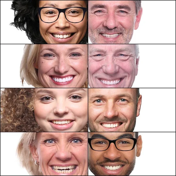 Ομάδα όμορφων ευτυχισμένων ανθρώπων σε ένα κολάζ μπροστά από ένα λευκό φόντο — Φωτογραφία Αρχείου