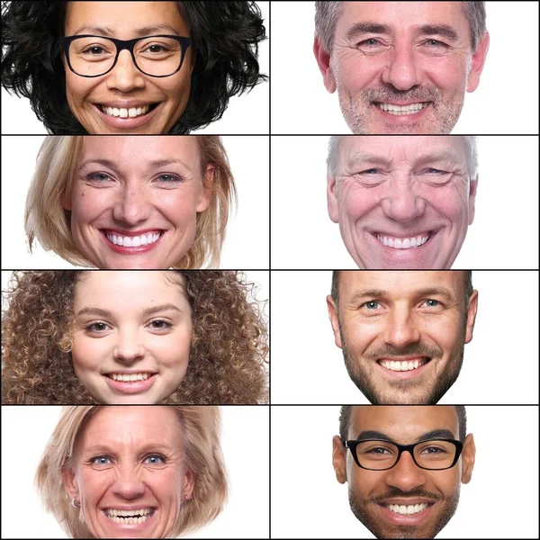 Güzel, mutlu bir grup insan beyaz bir arkaplan önünde kolaj yapıyor.