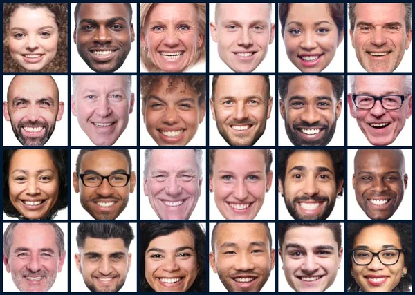 Grupo de hermosas personas felices en un collage frente a un fondo blanco — Foto de Stock