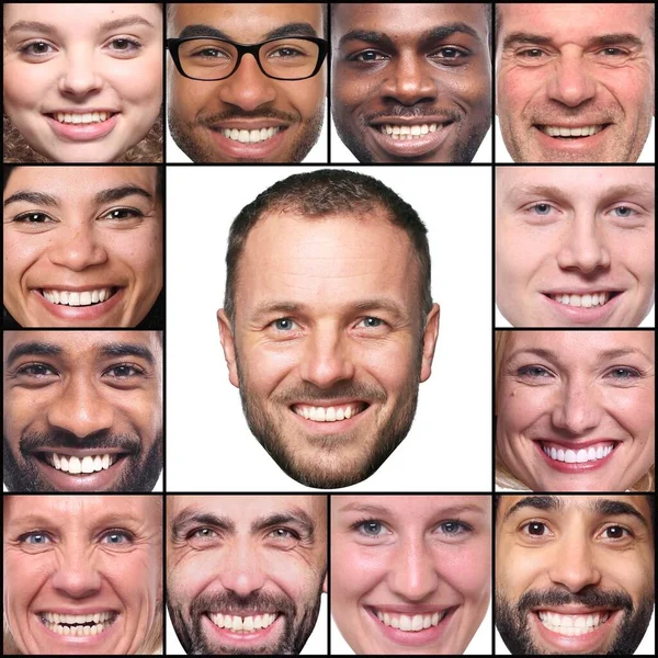 Egy csoport gyönyörű boldog ember egy kollázs előtt egy fehér háttér — Stock Fotó