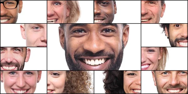 Grupo de pessoas felizes bonitas em uma colagem na frente de um fundo branco — Fotografia de Stock